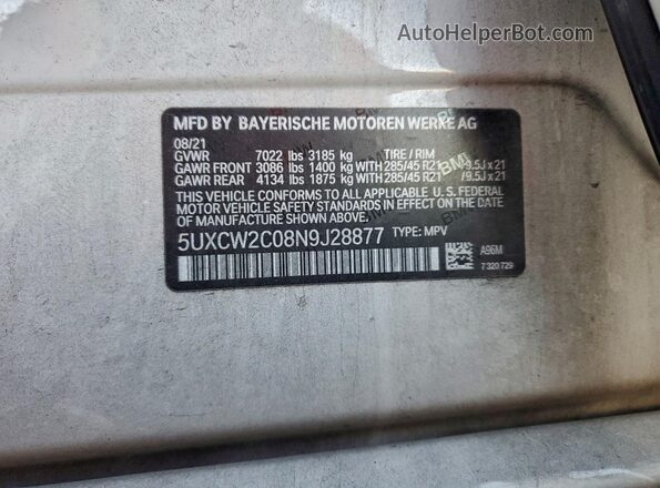 5UXCW2C08N9J28877 2022 BMW X7 White VIN კოდის სტიკერის ხედი