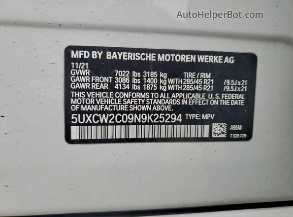 5UXCW2C09N9K25294 2022 BMW X7 White VIN կոդի պիտակի տեսք