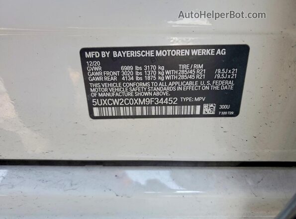 5UXCW2C0XM9F34452 2021 BMW X7 White VIN sticker view
