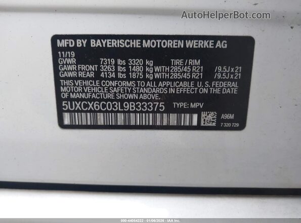 5UXCX6C03L9B33375 2020 BMW X7 White Շարժիչի բաժամունքի տեսք
