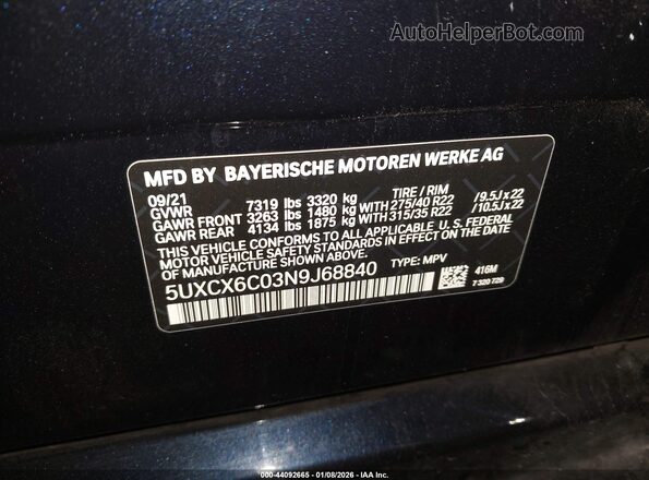 5UXCX6C03N9J68840 2022 BMW X7 Dark Blue 
