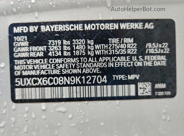 5UXCX6C08N9K12704 2022 BMW X7 White 
