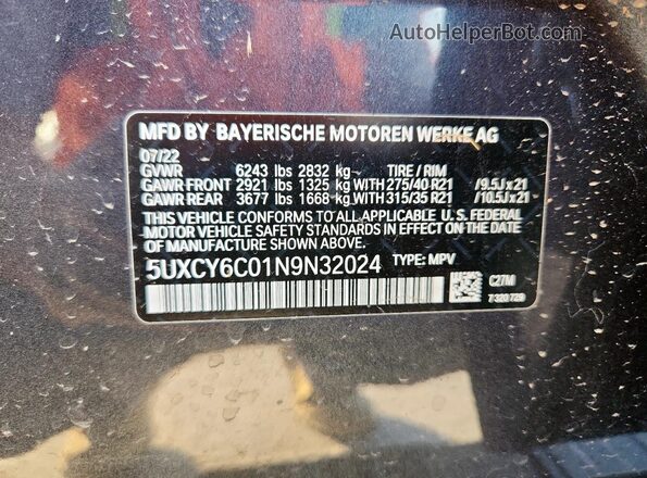 5UXCY6C01N9N32024 2022 BMW X6 Black Vista interior de 360 grados