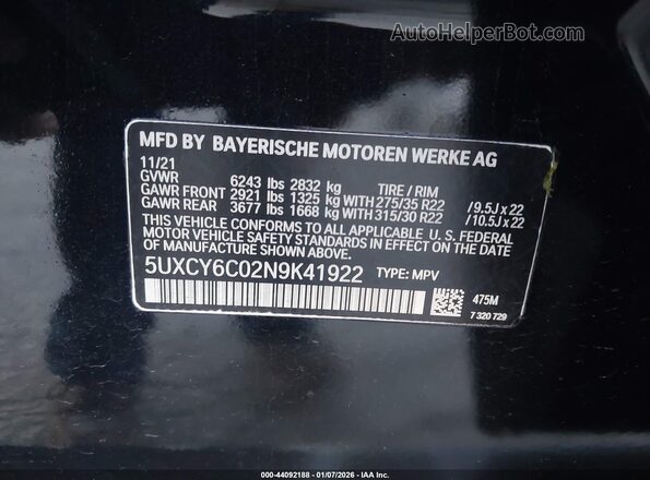 5UXCY6C02N9K41922 2022 BMW X6 Black Engine compartment view