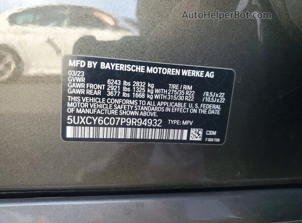 5UXCY6C07P9R94932 2023 BMW X6 Green Vista de la etiqueta del VIN