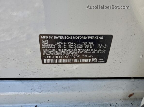 5UXCY8C00L9C29795 2020 BMW X6 White Вид наклейки з VIN-кодом