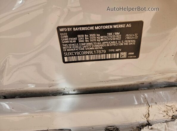 5UXCY8C08N9L17879 2022 BMW X6 White Вид наклейки з VIN-кодом