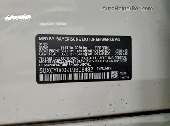 5UXCY8C09L9B98482 2020 BMW X6 White VIN კოდის სტიკერის ხედი