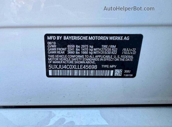 5UXJU4C0XLLE45698 2020 BMW X5 White Vista de los asientos traseros