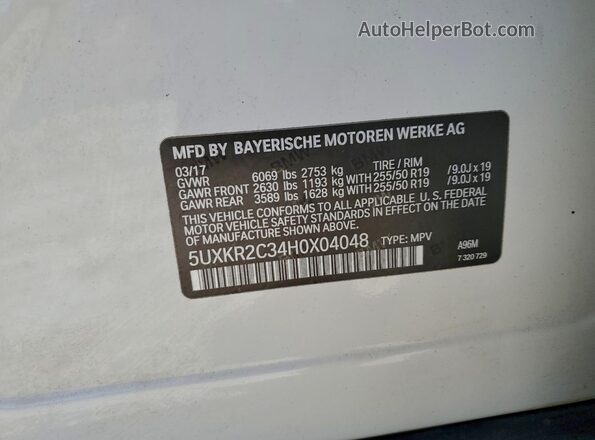 5UXKR2C34H0X04048 2017 BMW X5 White VIN კოდის სტიკერის ხედი
