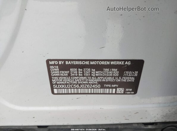 5UXKU2C56J0Z62450 2018 BMW X6 Gray Вид підкапотного простору