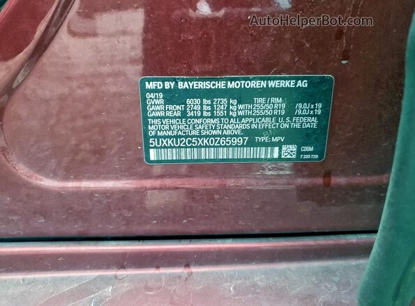 5UXKU2C5XK0Z65997 2019 BMW X6 Red Вид наклейки з VIN-кодом