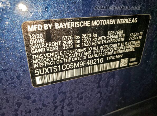 5UXTS1C05M9F48216 2021 BMW X3 Blue VIN კოდის სტიკერის ხედი