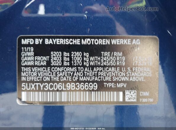 5UXTY3C06L9B36699 2020 BMW X3 Синий Вид подкапотного пространства