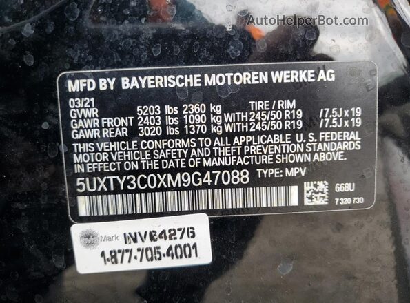 5UXTY3C0XM9G47088 2021 BMW X3 Black Widok naklejki z numerem VIN