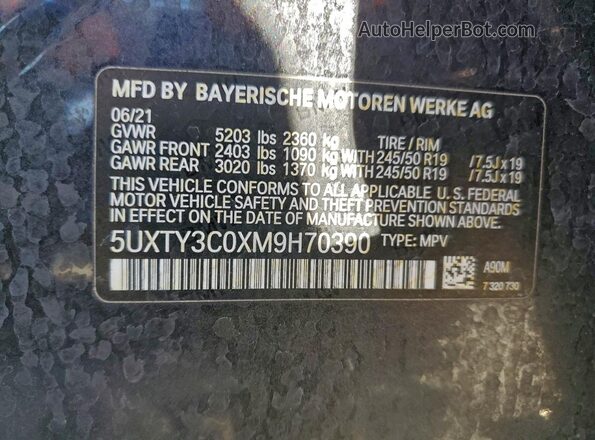 5UXTY3C0XM9H70390 2021 BMW X3 Charcoal VIN კოდის სტიკერის ხედი