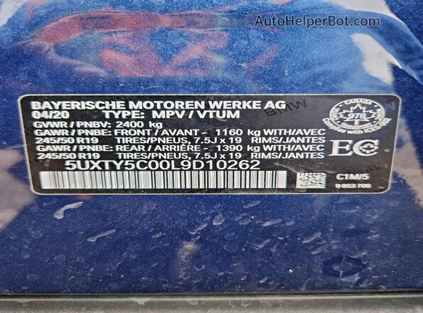 5UXTY5C00L9D10262 2020 BMW X3 Blue Vista de la etiqueta del VIN
