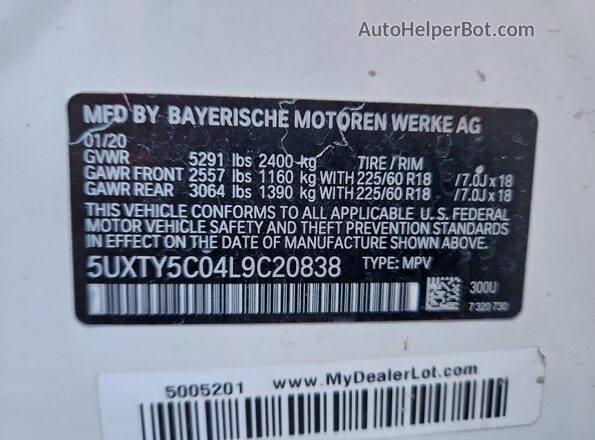 5UXTY5C04L9C20838 2020 BMW X3 White VIN sticker view