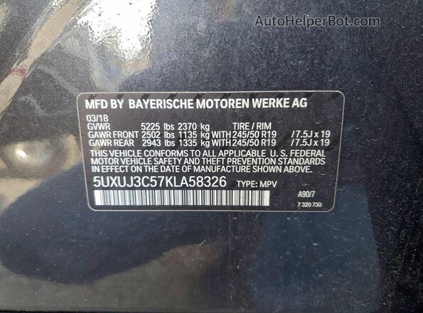 5UXUJ3C57KLA58326 2019 BMW X4 Charcoal Vista de la etiqueta del VIN