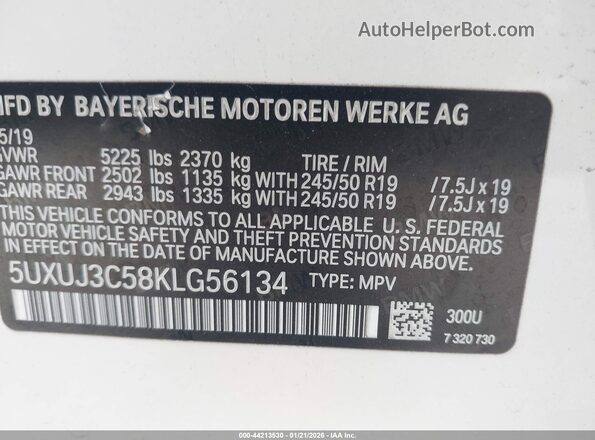 5UXUJ3C58KLG56134 2019 BMW X4 White 