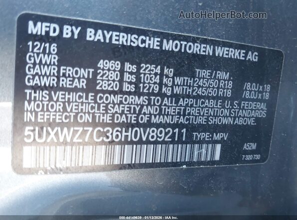 5UXWZ7C36H0V89211 2017 BMW X3 Серый Вид подкапотного пространства