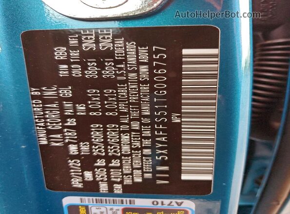 5XYAFFS51TG006757 2026 KIA EV9 Blue Widok naklejki z numerem VIN