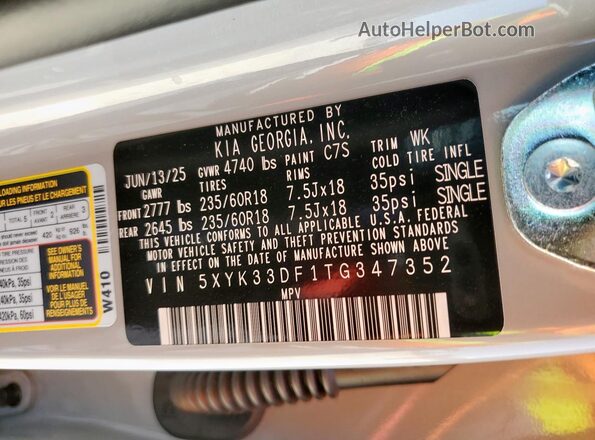 5XYK33DF1TG347352 2026 KIA SPORTAGE Gray Widok naklejki z numerem VIN
