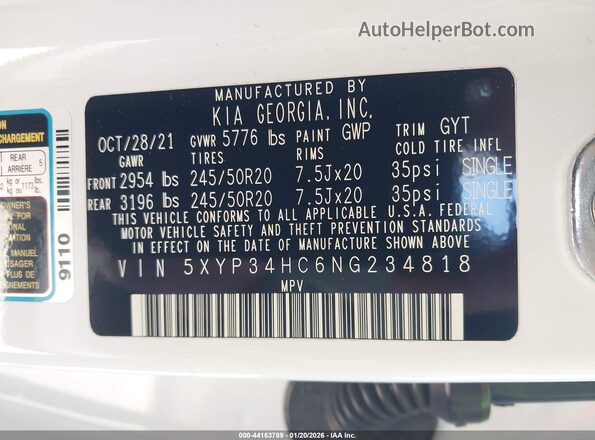 5XYP34HC6NG234818 2022 KIA TELLURIDE White ძრავის განყოფილების ხედი