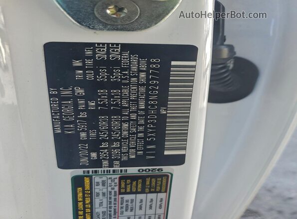 5XYP3DHC8NG297788 2022 KIA TELLURIDE Белый Вид наклейки с VIN-кодом