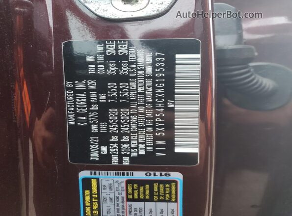 5XYP54HCXNG195337 2022 KIA TELLURIDE Brown VIN կոդի պիտակի տեսք