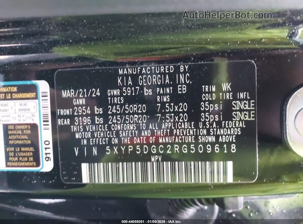 5XYP5DGC2RG509618 2024 KIA TELLURIDE Black Widok komory silnika