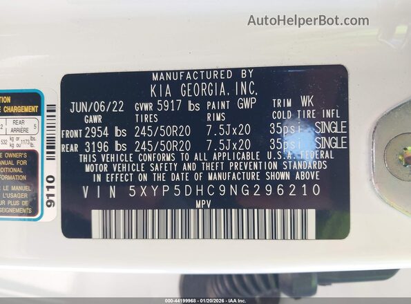 5XYP5DHC9NG296210 2022 KIA TELLURIDE White Widok komory silnika