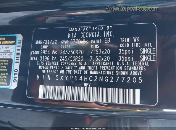 5XYP64HC2NG277205 2022 KIA TELLURIDE Black Вид підкапотного простору