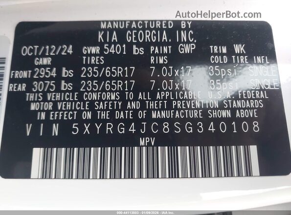 5XYRG4JC8SG340108 2025 KIA SORENTO Белый Вид подкапотного пространства