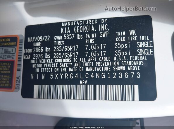 5XYRG4LC4NG123673 2022 KIA SORENTO White Շարժիչի բաժամունքի տեսք