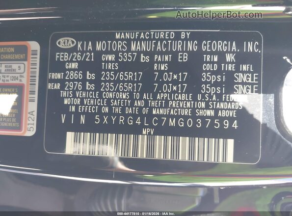5XYRG4LC7MG037594 2021 KIA SORENTO Black 