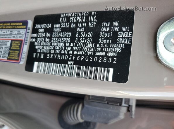 5XYRHDJF6RG302832 2024 KIA SORENTO Серый Вид наклейки с VIN-кодом