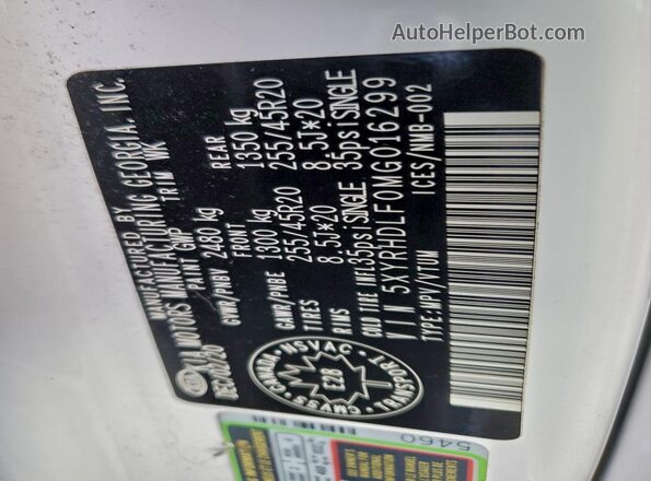 5XYRHDLF0MG016299 2021 KIA SORENTO White Vista del compartimento del motor
