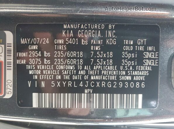 5XYRL4JCXRG293086 2024 KIA SORENTO Black Widok naklejki z numerem VIN