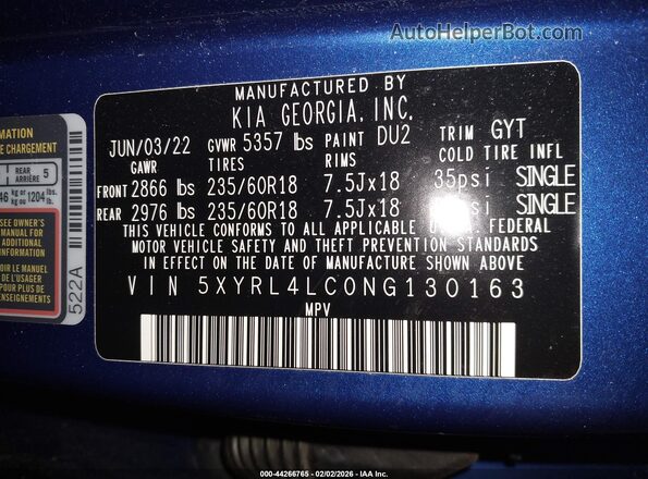 5XYRL4LC0NG130163 2022 KIA SORENTO Blue Vista del compartimento del motor