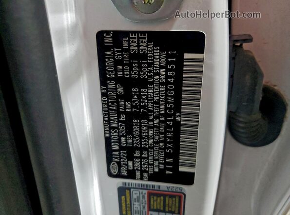 5XYRL4LC5MG048511 2021 KIA SORENTO White Widok naklejki z numerem VIN
