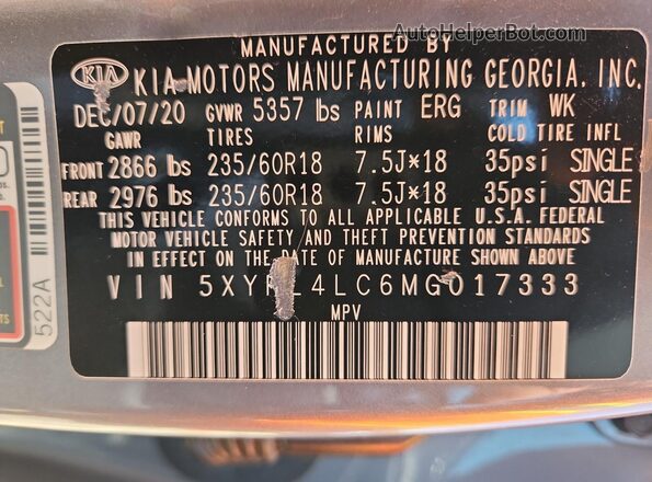 5XYRL4LC6MG017333 2021 KIA SORENTO Gray 