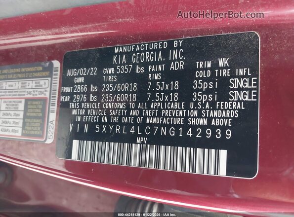 5XYRL4LC7NG142939 2022 KIA SORENTO Red ძრავის განყოფილების ხედი