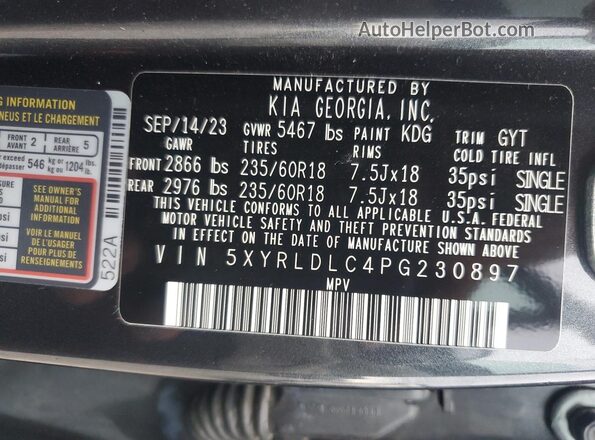 5XYRLDLC4PG230897 2023 KIA SORENTO Угольный Вид наклейки с VIN-кодом