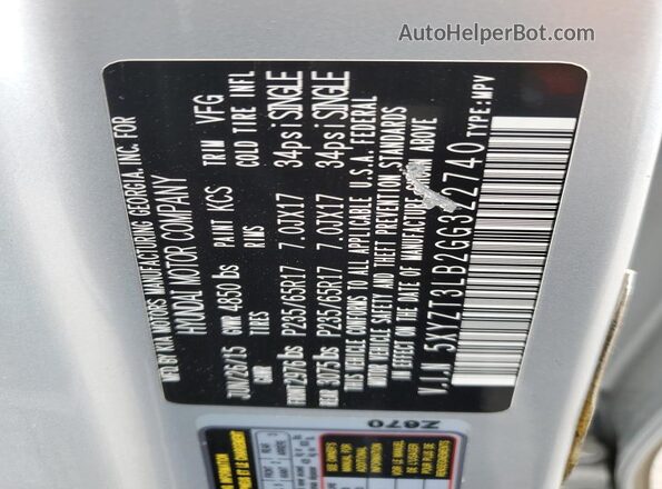 5XYZT3LB2GG322740 2016 HYUNDAI SANTA Silver Widok naklejki z numerem VIN
