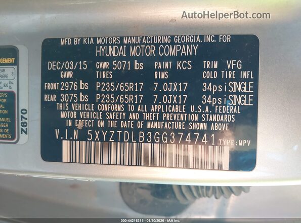 5XYZTDLB3GG374741 2016 HYUNDAI SANTA FE SPORT Silver ძრავის განყოფილების ხედი