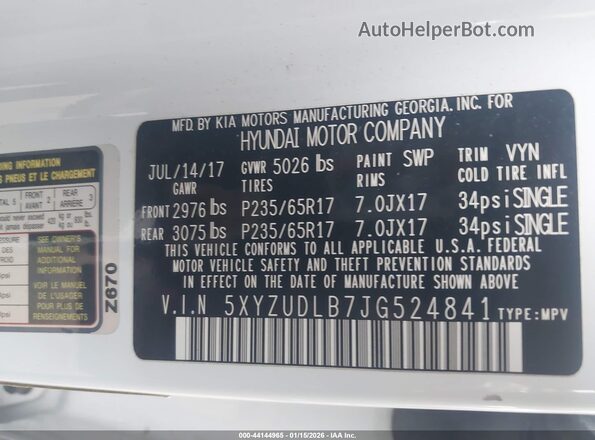 5XYZUDLB7JG524841 2018 HYUNDAI SANTA FE SPORT White 