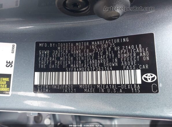 5YFB4MDE6TP363164 2026 TOYOTA LL Light Blue 