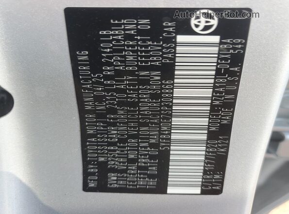 5YFB4MDE7SP308866 2025 TOYOTA LL Silver VIN կոդի պիտակի տեսք