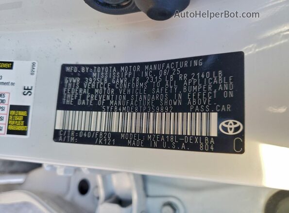 5YFB4MDE8TP359892 2026 TOYOTA LL White Շարժիչի բաժամունքի տեսք